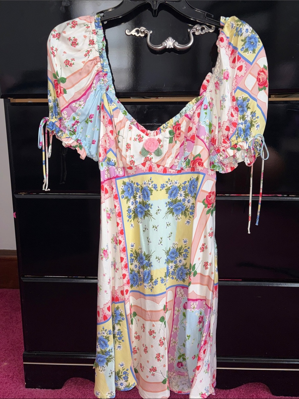 For Love & Lemons Patchwork Floral Mini Dress in Pastel Pink, Blue, Yellow